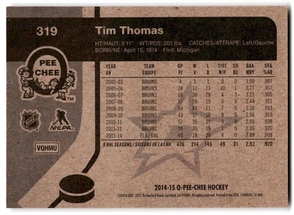 2014-15 O-Pee-Chee Retro Tim Thomas #319 Dallas Stars - Image 2 of 2