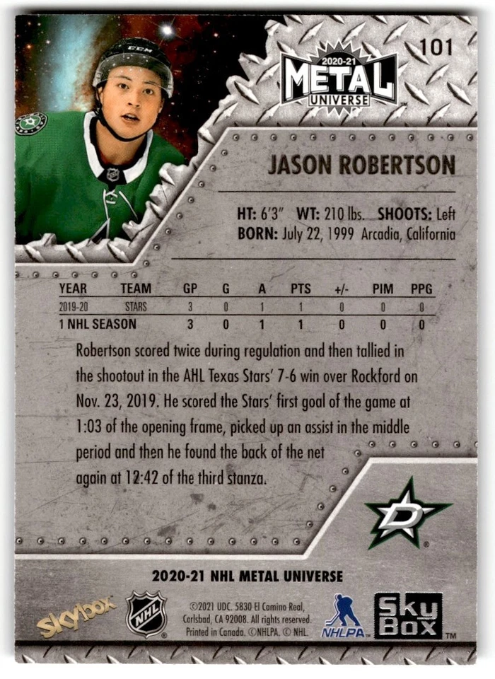 2020-21 Skybox Metal Universe Jason Robertson Rookie #101 Dallas Stars - Image 2 of 2