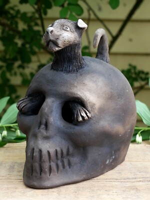 Day of the Dead Dog & Human Skull Clay Handmade Atzompa Pottery Mexican Folk Art