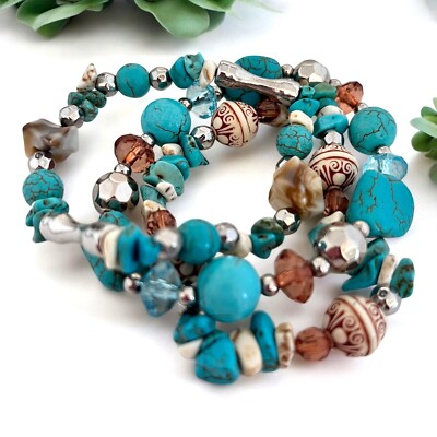 Boutique Stretch Bracelet Set Simulated Turquoise Stones Women's