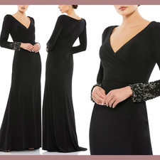 NWT Mac Duggal 18 55712 Beaded Cuff Long Sleeve Wrap Over Trumpet Gown J985