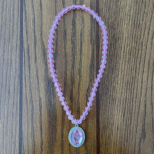 Kids Princess Necklace Pink Oval Pendant Beaded Stretch Cord Costume Jewelry