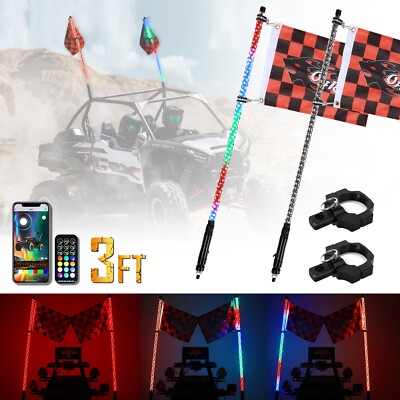 AUXBEAM Pair 3FT Sprial RGB LED Whip Lights+Roll Cage Mount Bracket Off-road UTV