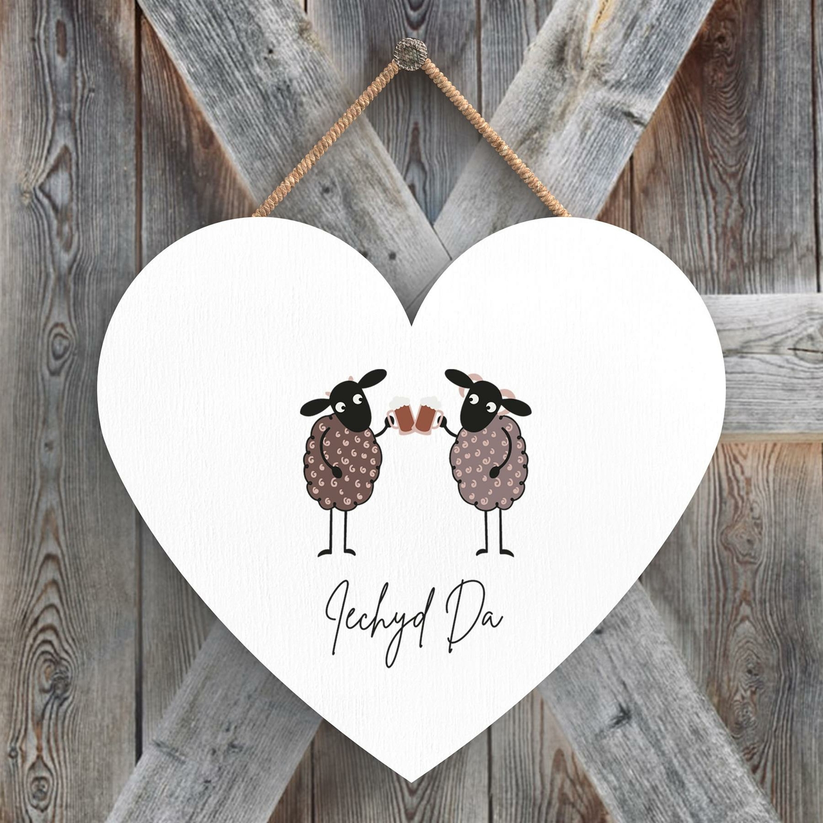 SHEEP IECHYD DA GOOD HEALTH WELSH CUTE ANIMAL THEME WOODEN HANGING PLAQUE