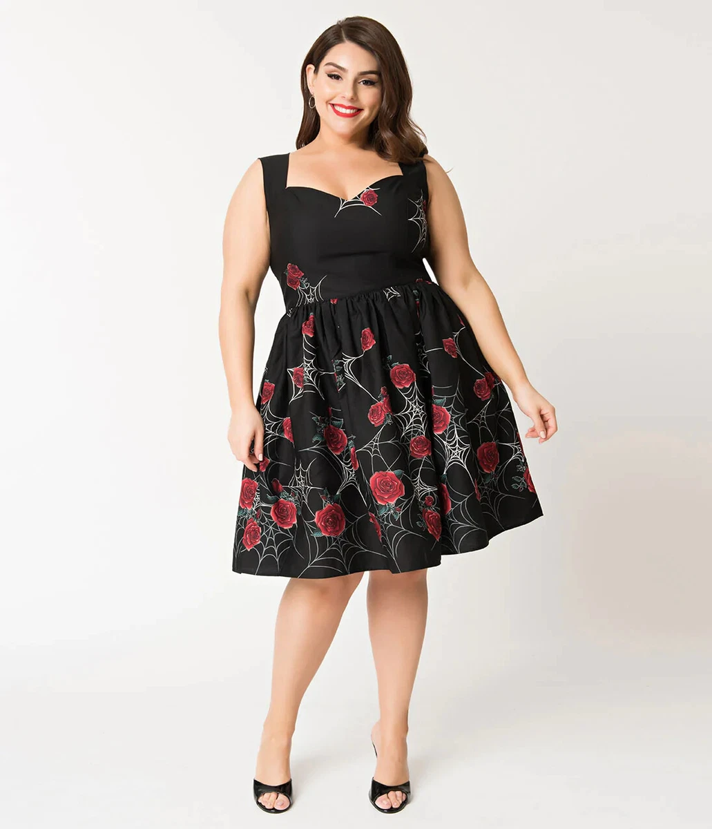 Unique Vintage Hell Bunny Black Spiderweb u0026amp; Rose Halloween Swing Dress  XL | eBay