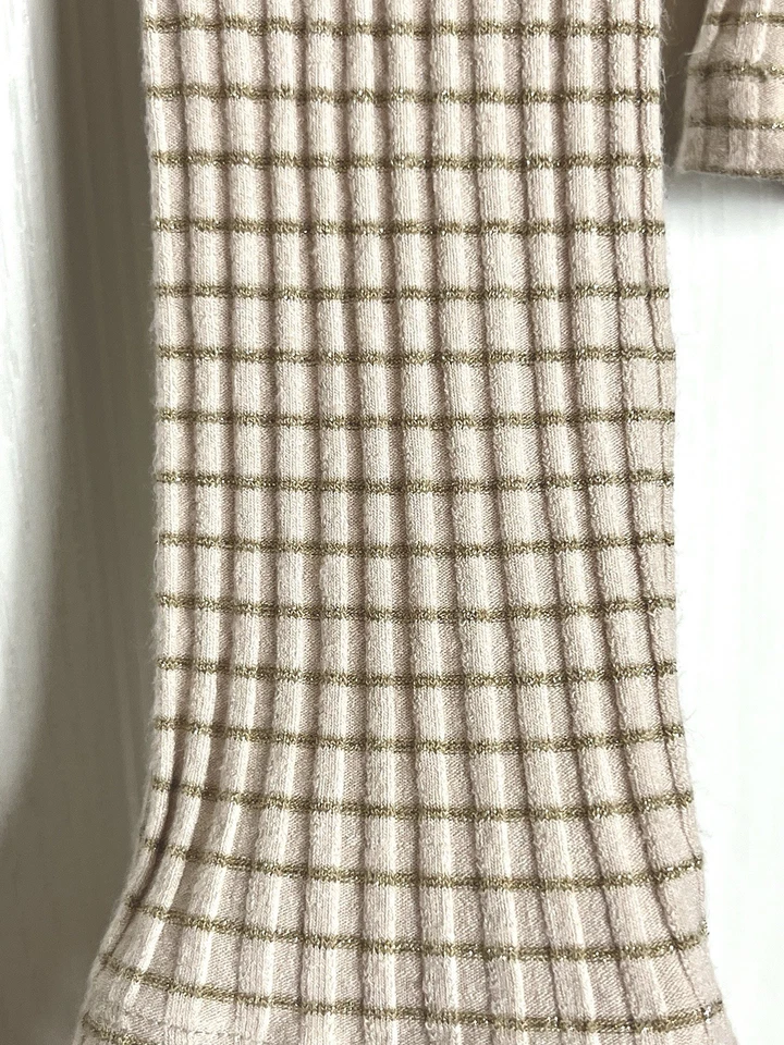 Blusa David Lerner bege com nervuras manga longa listra dourada tamanho P viscose elástica - Imagem 3 de 4