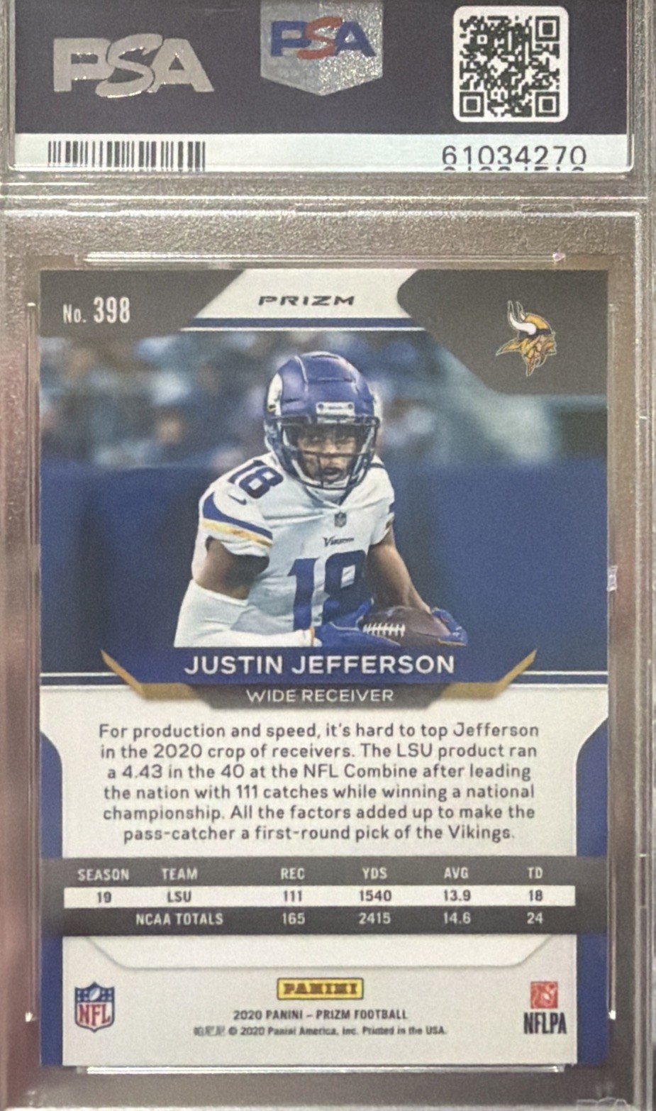 2020 Panini Prizm Justin Jefferson #398 Red/White/Blue Rookie PSA 9 Vikings view 2