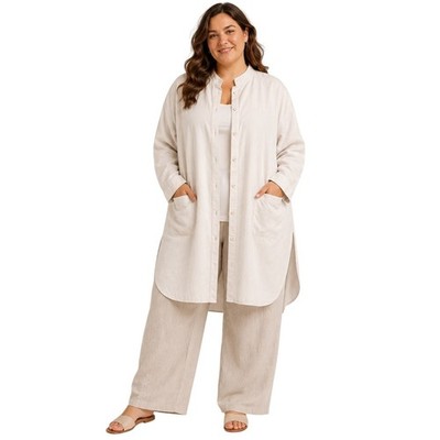 Eileen Fisher Woman Stand Collar Jacket 1X Bone Tencel Linen NWT $348 Shirt Coat