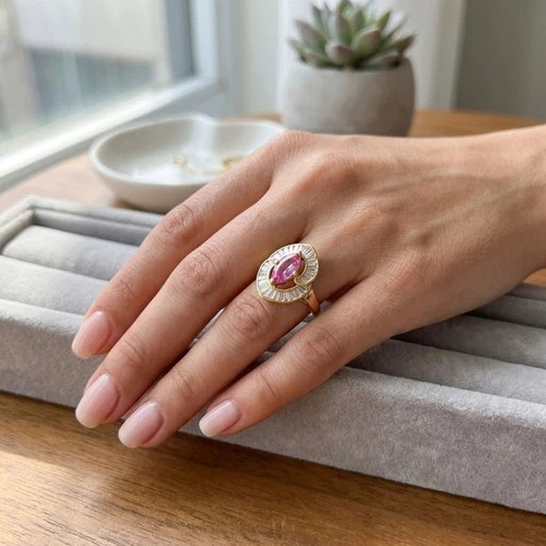 24K Gold 925 Sterling Silver Rings Charming Sweet Pink Sapphire Marquise 1.60Ct