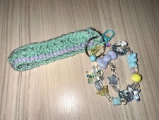 HANDCRAFTED CROCHETED KEYCHAIN STRAP and BEADED BRACELET - BABY BLUE/AQUA-