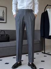 Men s Grey Pleated Formal Pants Straight Leg Tailored Trousers