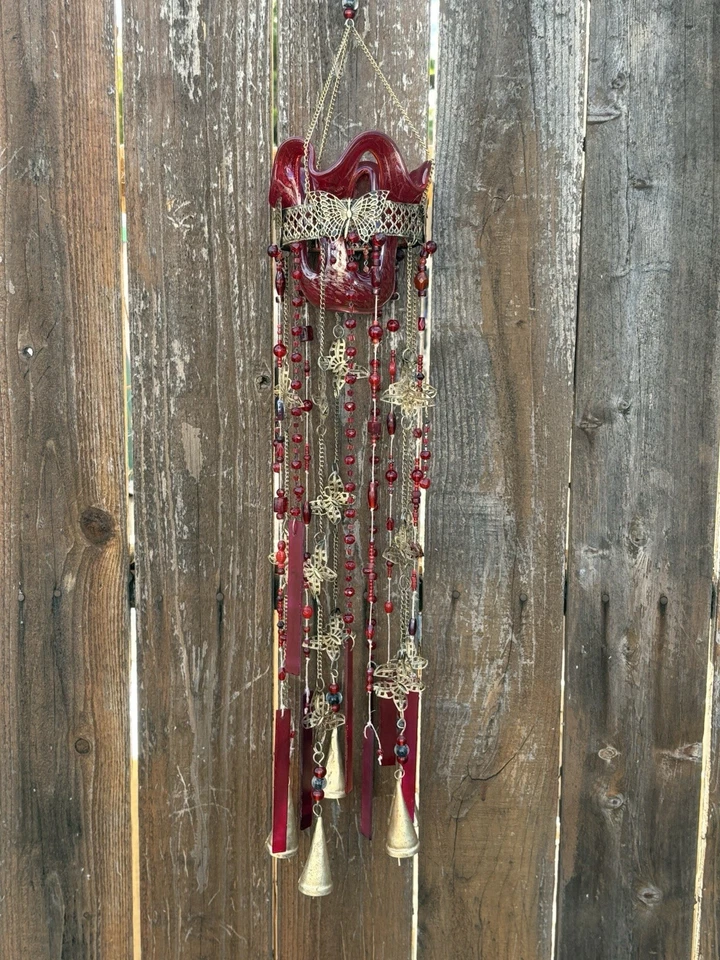 Lámpara de araña estilo Murano de vidrio dorado rojo mariposa campana de viento para velas o pájaros Foto 3 de 4