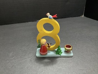 1960s Wooden Birthday Candle Angels Wood Number 8 Erzgebirge Steinbach