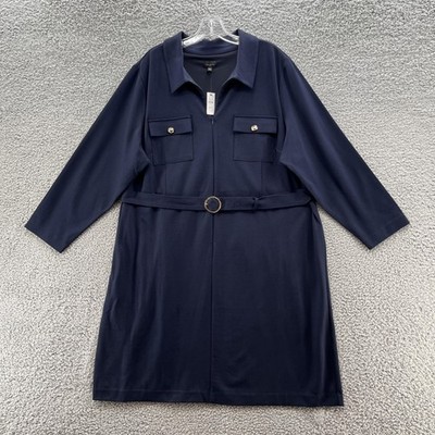 Talbots Dress 20W Navy Ponte Knit Belted Zip Front Collared Classic Career