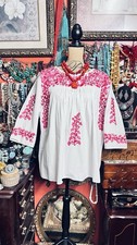 Beautiful Rare Oaxaca Mexican Tunic White With Pink Color Embroidery Size L/XL