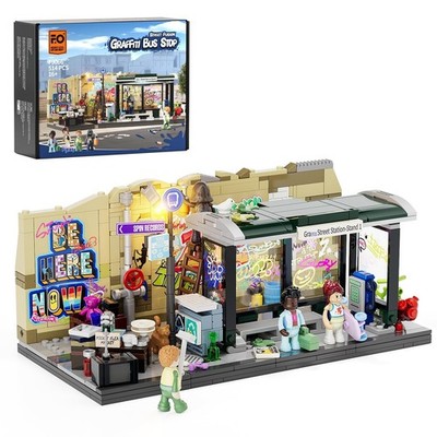 FUNWHOLE Graffiti Bus Stop Lighting Building Bricks Set - Street Fusion 1:12 