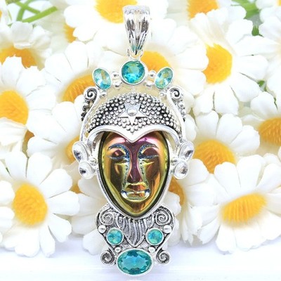 Buy 2 Get 1 Free Rainbow Titanium Goddess Face Aquamarine Silver plated Pendant