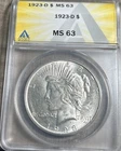 Tough 1923-D Peace Dollar ANACS MS 63, Grey Bid $225, Free Shipping