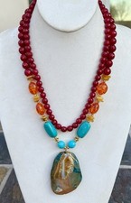 Barse NWT Teal Green Jasper, Turquoise And Scarlet Red Jade Statement Necklace