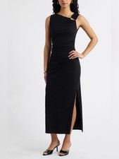 Open Edit Asymmetrical Neck Bodycon Midi Dress Black Medium Side Slit Stretch
