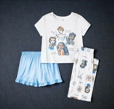 Disney Princess 3 Piece Short Sleeve Pajama Set Size 10/12 Pants  Shorts NEW
