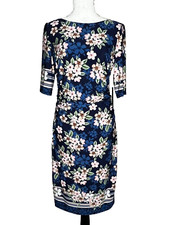 Vince Camuto Floral Sheath Dress Ruched Sides Women's 8 Navy Pink Lined Stretch