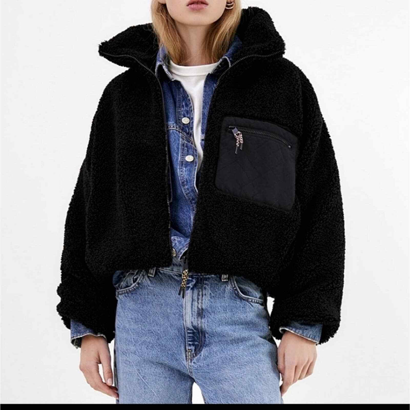 Zara Black Fleece Teddy Bear Cozy Faux Shearling Zip Bomber Jacket Coat |  Ebay