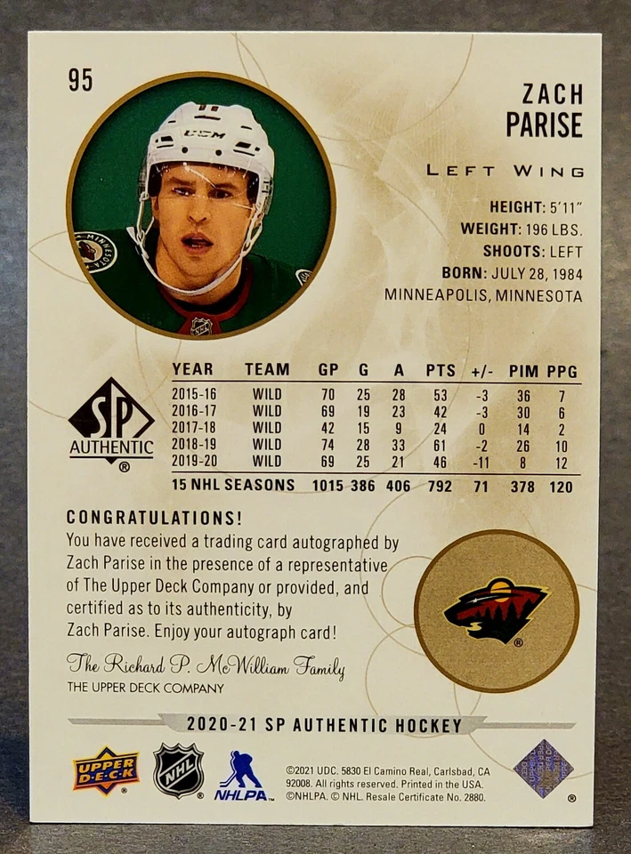 2020-21 SP Authentic Limited Autographs #95 Zach Parise - Image 2 of 2