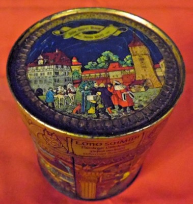 Alte Dose , Blechdose , Lebkuchendose , E. Otto Schmidt ,rund 11 cm , H 12 cm -4