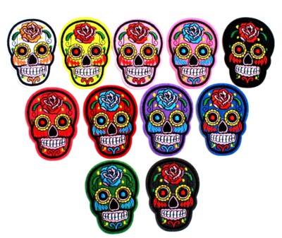 Aufbügler Aufnäher Totenkopf 7 x 5,5 cm Rockabilly Sugar Skull Patch Bügelbild 