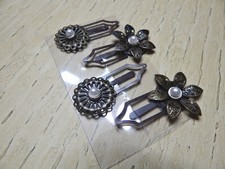 INTRICATE METAL FLOWERS w/FAUX PEARL CENTERS 4 Metal Clips HANDMADE