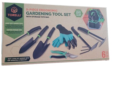 Torelli 9 Pc Gardning Tool Set Power Coated Steel Tools Canvas Carry Tote Bag 