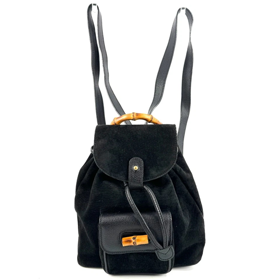 Vintage GUCCI Bamboo Backpack Drawstring suede Black Authentic - Image 3 of 4