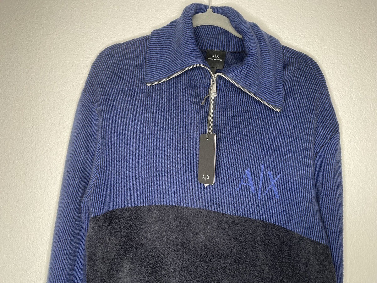 Armani Exchange Men's Blue Black 1/4 Zipped Pullover Sweater Armani Exchange Men's Blue Black 1/4 Zipped Pullover Sweater