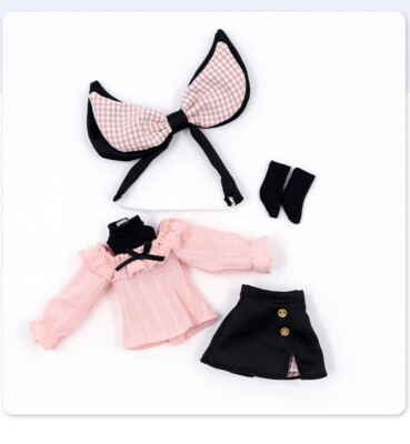 Doll Lovely Outfits Pink Top+Black Skirt+Headwear+ Socks for 12'' blythe doll