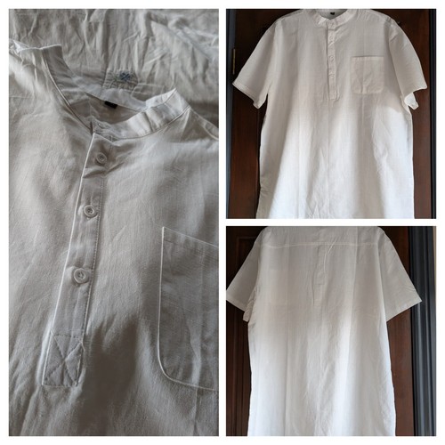 Herren Oberteil Kurta Opa Kragen Brustumfang 46-48" Weiß Kurzarm Baumwolle Leinen NEU