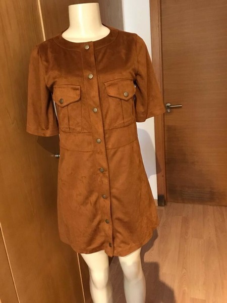 Vestido Camisero ZARA, Efecto Ante, Talla S, Marrón