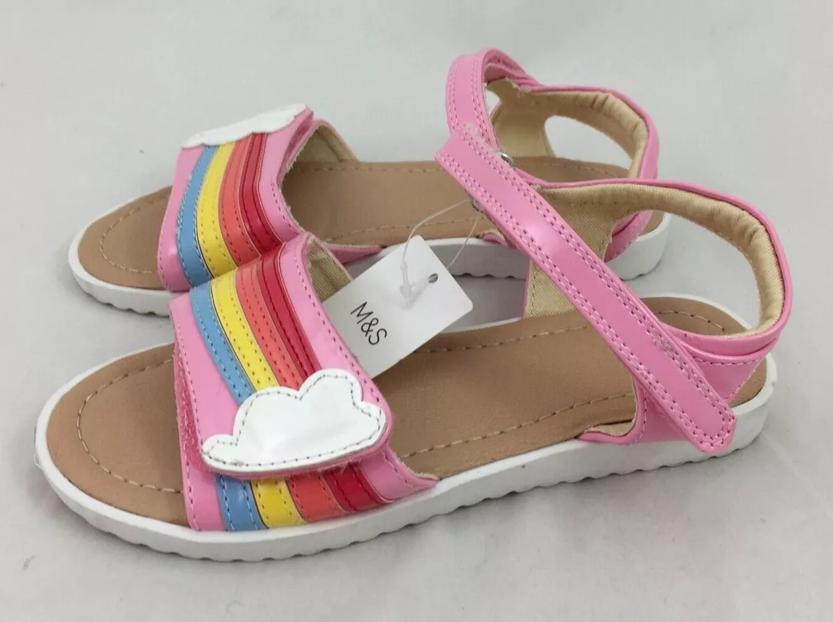 Girls M S Sandals Pink Patent Leather Rainbow Pattern Hook Loop Vegan NWOT F1
