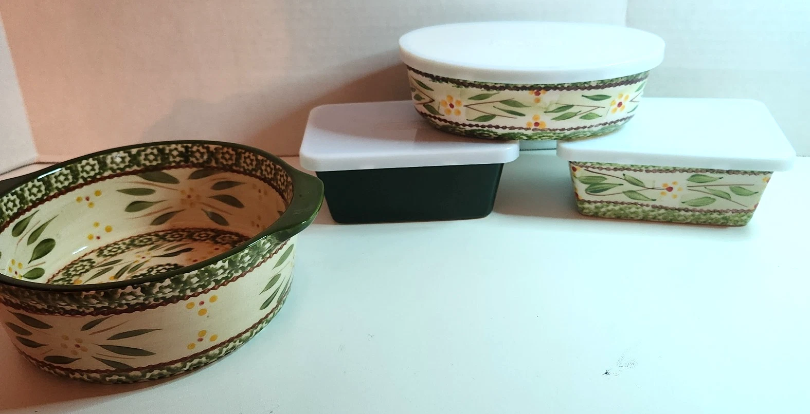 Temptations Old World Green Ovenware ~ 2 loaf pans, 1 oval dish, 1 round dish