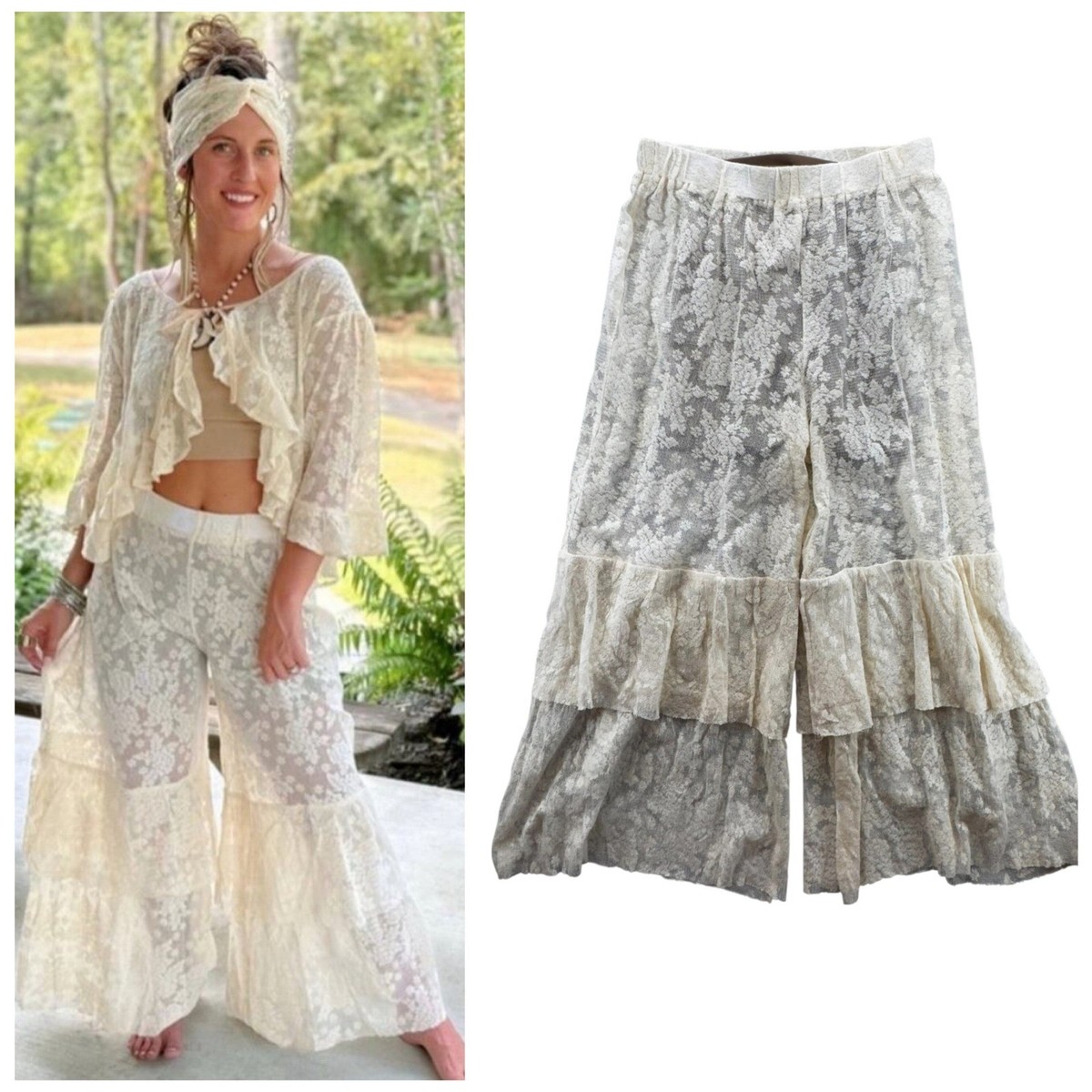 Jaded Gypsy All Your Love Lace Pant Size L/XL Ivory Ruffle Wide