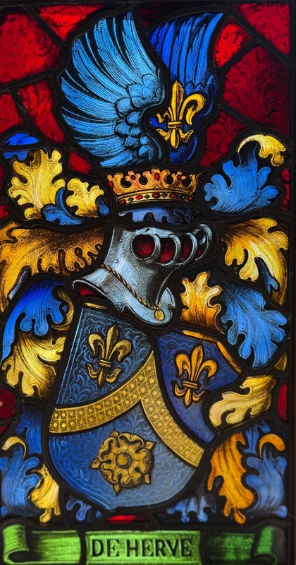 Antique Heraldic Stained Glass Panel De Herve Castle Crest Anne Boleyn House