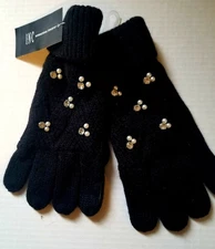 NWT INC Black Knit Text Tech Touchscreen Gloves with Pearl & Rhinestone Details 