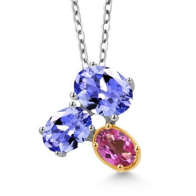 925 Silver and 10K Yellow Gold Tanzanite and Pink Mystic Topaz Pendant Necklace