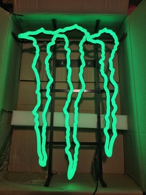 Monster Energy Drink Neon Green Sign Lighted Light Up Glass Logo Vtg 21'' x 15''