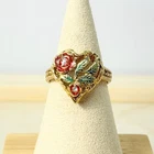 Vintage Romantic Gold Vermeil 925 Red Rose Heart Ring Sterling Enamel Floral