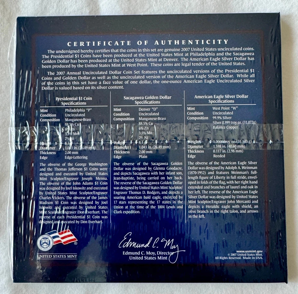 SEALED 2007 US Mint Annual Uncirculated Dollar Coin Set UNOPENED 99.9% SILVER AE - Image 2 of 2