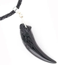 Wolf Fang Necklace in Rainbow Obsidian, 925 Silver & Black Leather
