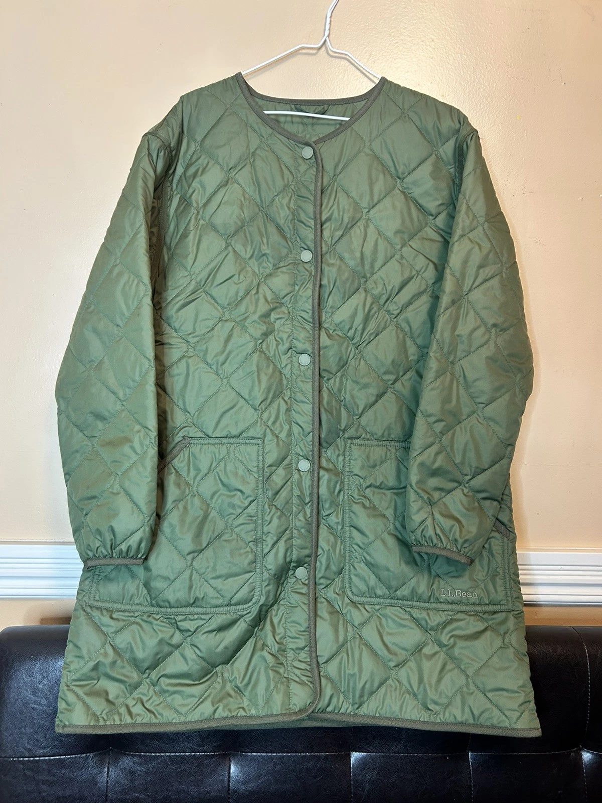 LL Bean Quilted Mens Size XL Jacket Hooded Olive Green *logo Embroidery