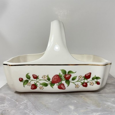 Vintage Ceramic Teleflora 80's Strawberry Fruit Basket Planter White Gold Trim