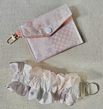 Handmade Floral Fabric Wristlet Scrunchie Key Chain w/ Pouch, White Pink Purple